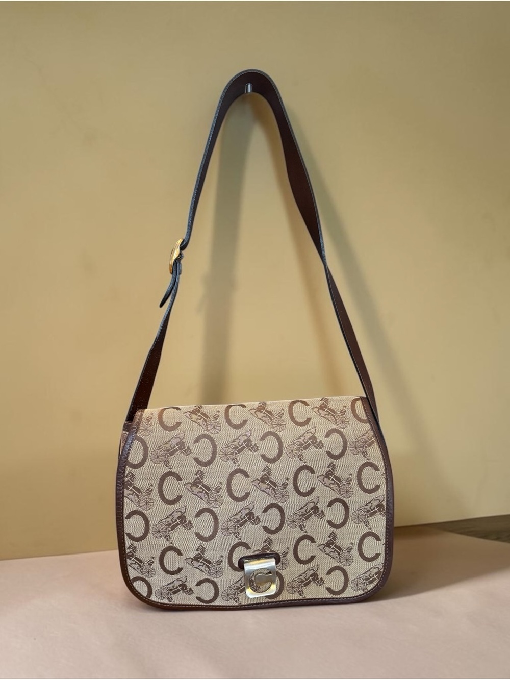 Celine C Sulky Shoulder Bag with Cream and Brown Carriage Logo-Print